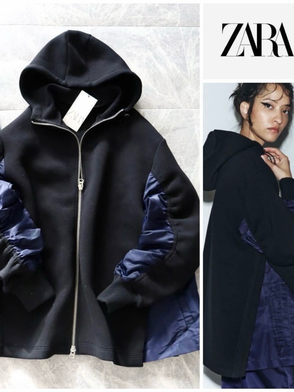 ZARA Black Hooded Jacket with Navy Sleeve Panels
